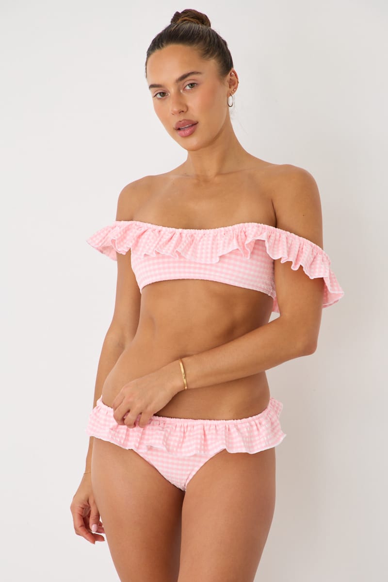 Pink Check Ruffle Scoop Neck Bikini Set for Ally Fashion