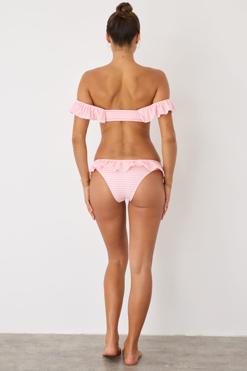 Pink Check Ruffle Scoop Neck Bikini Set for Ally Fashion