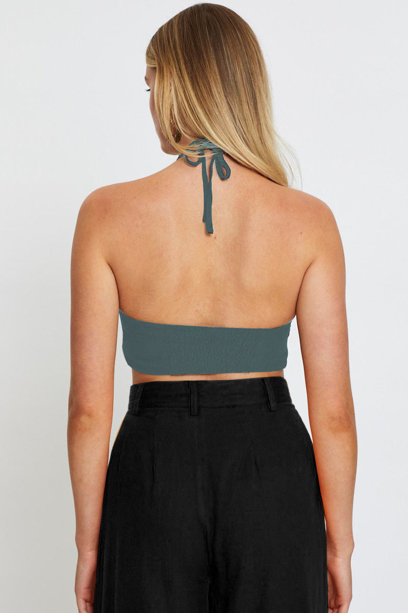 Green Crop Top Sleeveless Halter