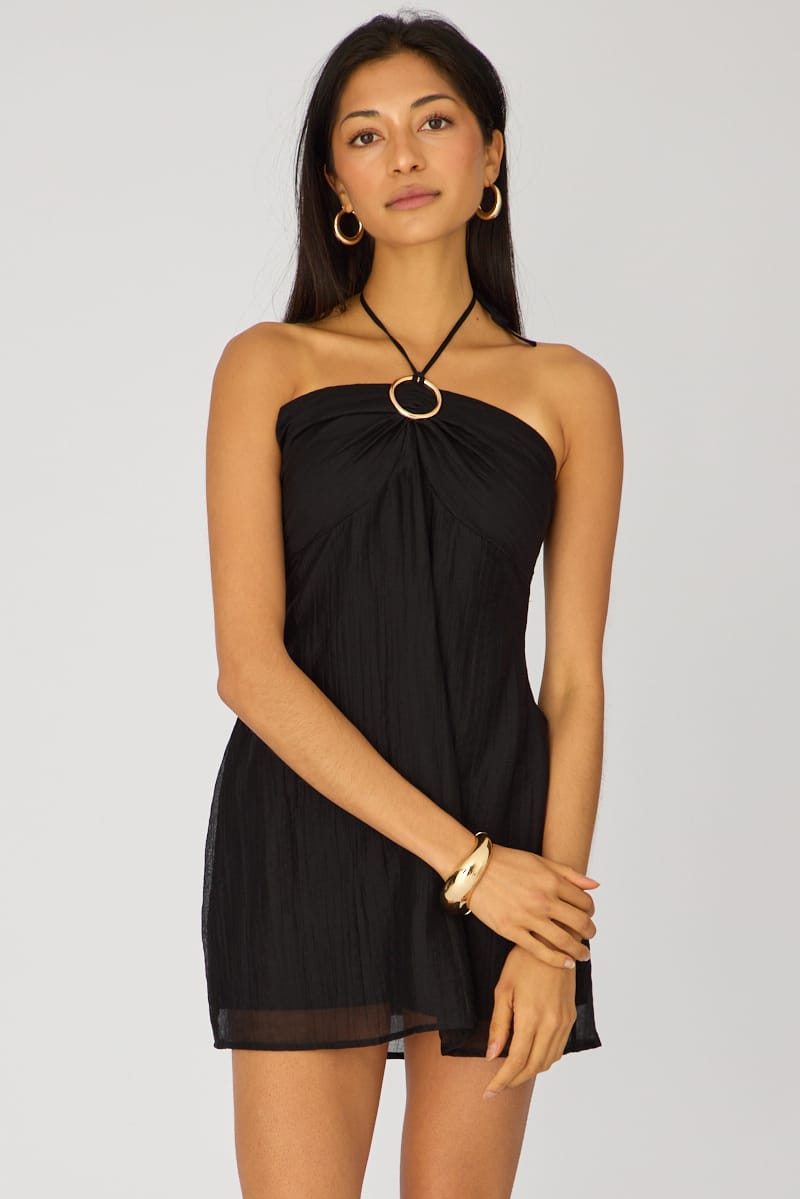 Ally Fashion black halter mini dress with gathered front, gold-tone circular detail and tie neckline