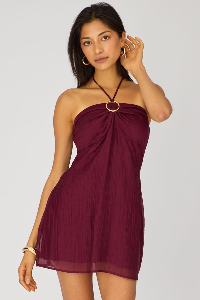 Ally Fashion Plum purple halter mini dress with gathered bust, circular centre detail and tie neck