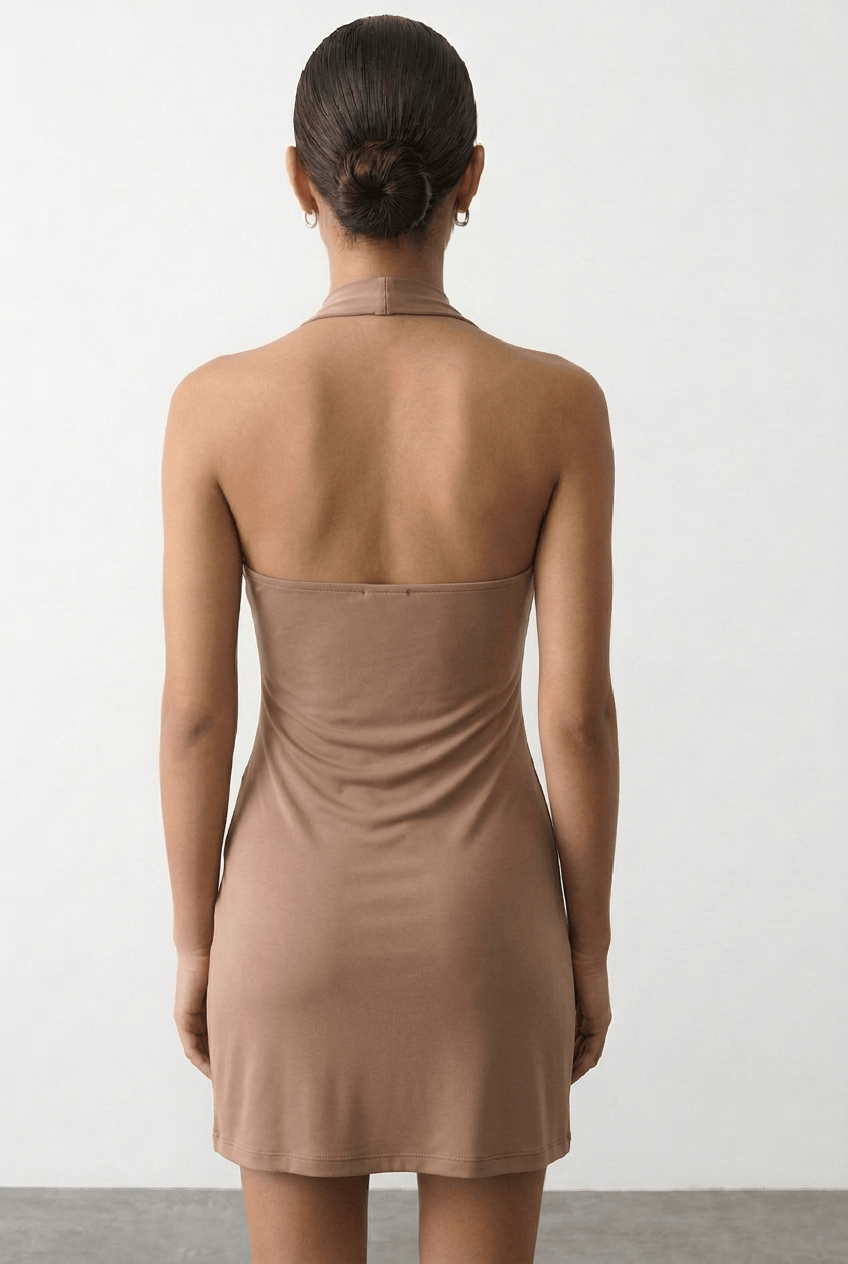 Brown Halter Neck Skater Dress for Ally Fashion