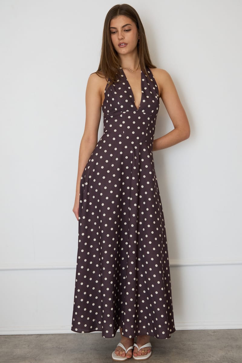 Brown Polka Dot Brown Polka Dot Maxi Dress Halter Neck for Ally Fashion