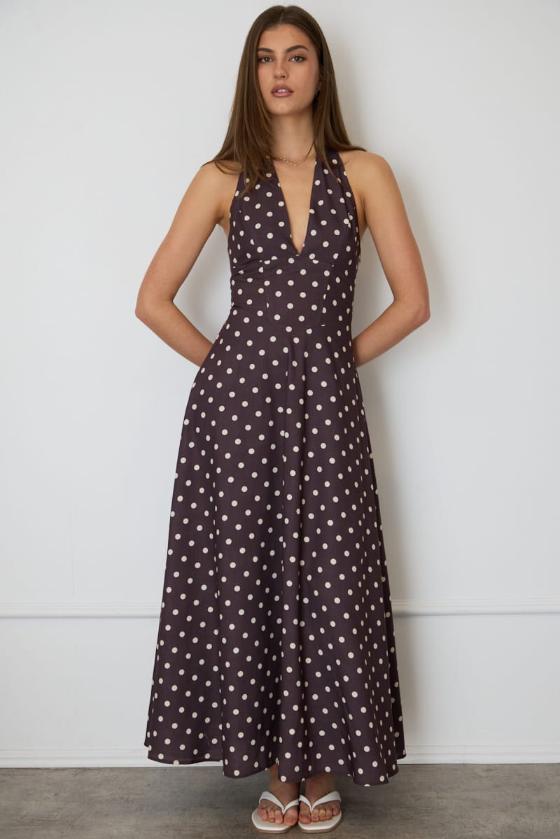 Brown Polka Dot Brown Polka Dot Maxi Dress Halter Neck for Ally Fashion