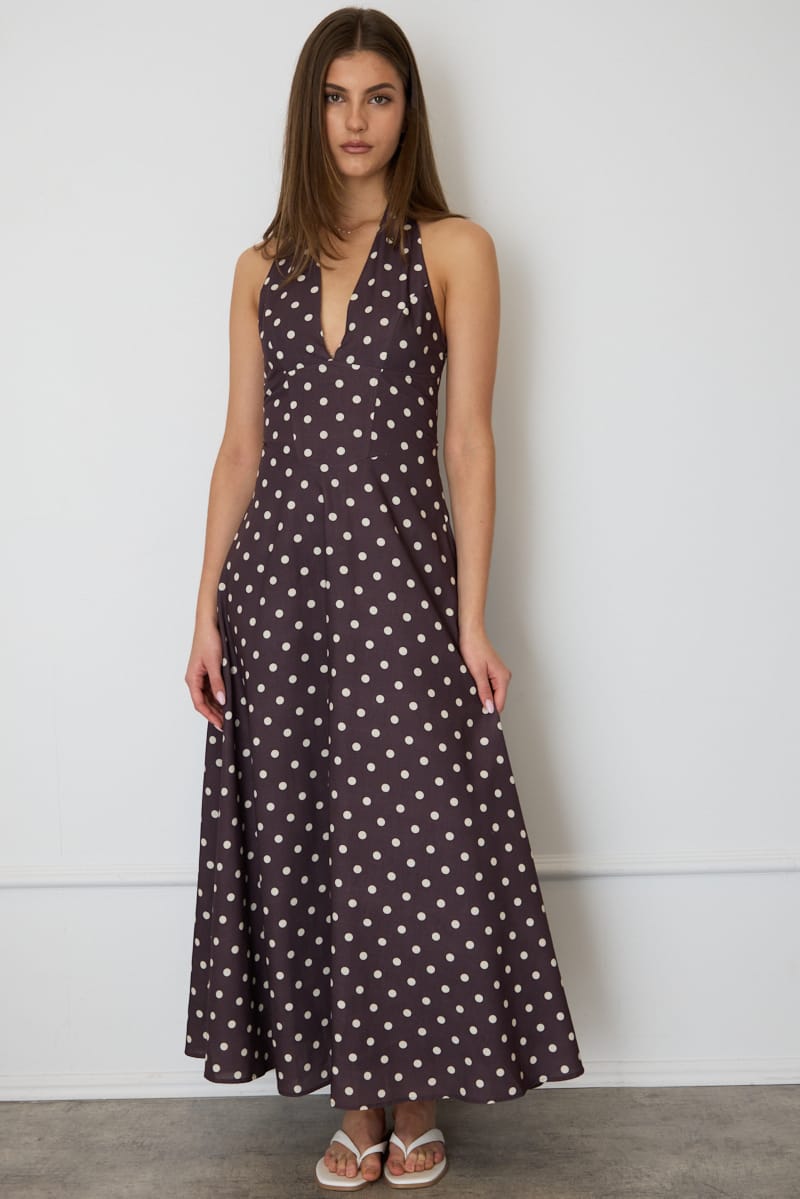 Brown Polka Dot Brown Polka Dot Maxi Dress Halter Neck for Ally Fashion
