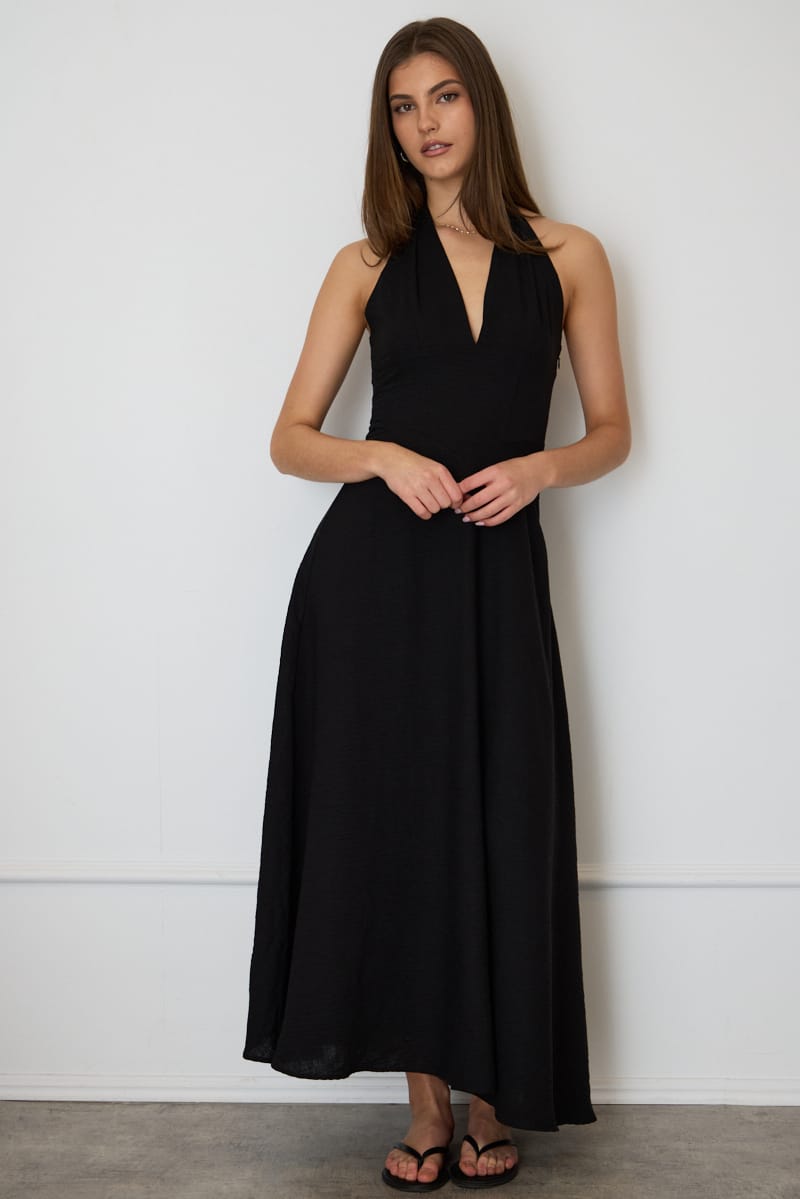 Black Brown Polka Dot Maxi Dress Halter Neck for Ally Fashion
