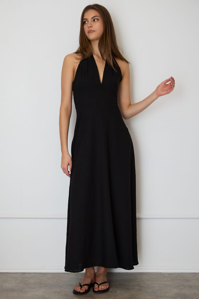 Black Brown Polka Dot Maxi Dress Halter Neck for Ally Fashion