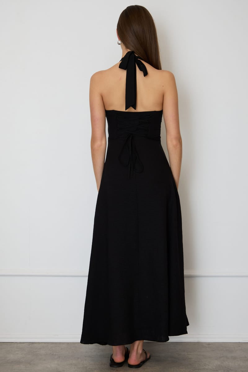Black Brown Polka Dot Maxi Dress Halter Neck for Ally Fashion