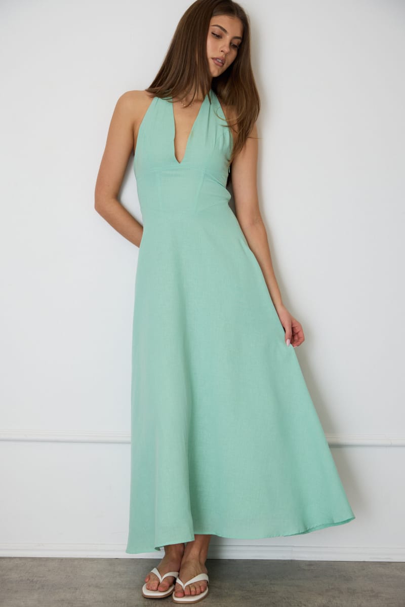 Green Brown Polka Dot Maxi Dress Halter Neck for Ally Fashion