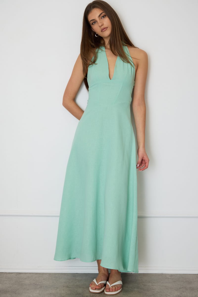 Green Brown Polka Dot Maxi Dress Halter Neck for Ally Fashion