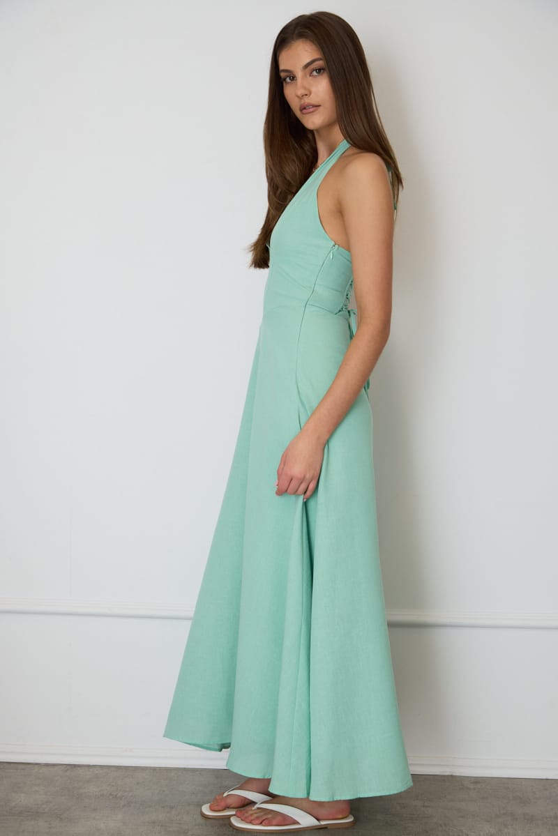 Green Brown Polka Dot Maxi Dress Halter Neck for Ally Fashion