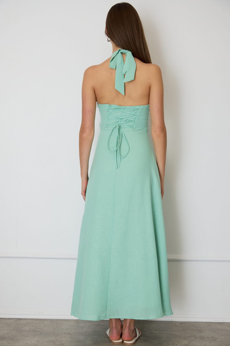 Green Brown Polka Dot Maxi Dress Halter Neck for Ally Fashion