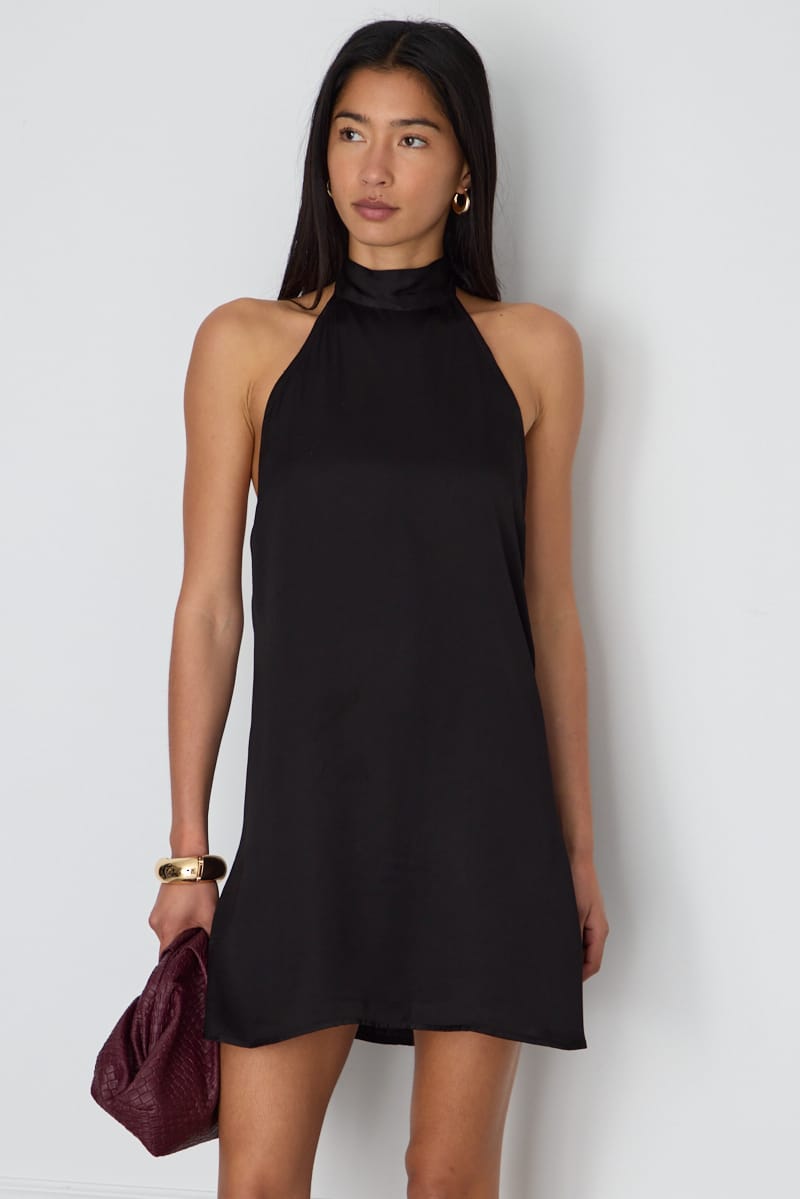Black Satin Halter Neck Dress for Ally Fashion