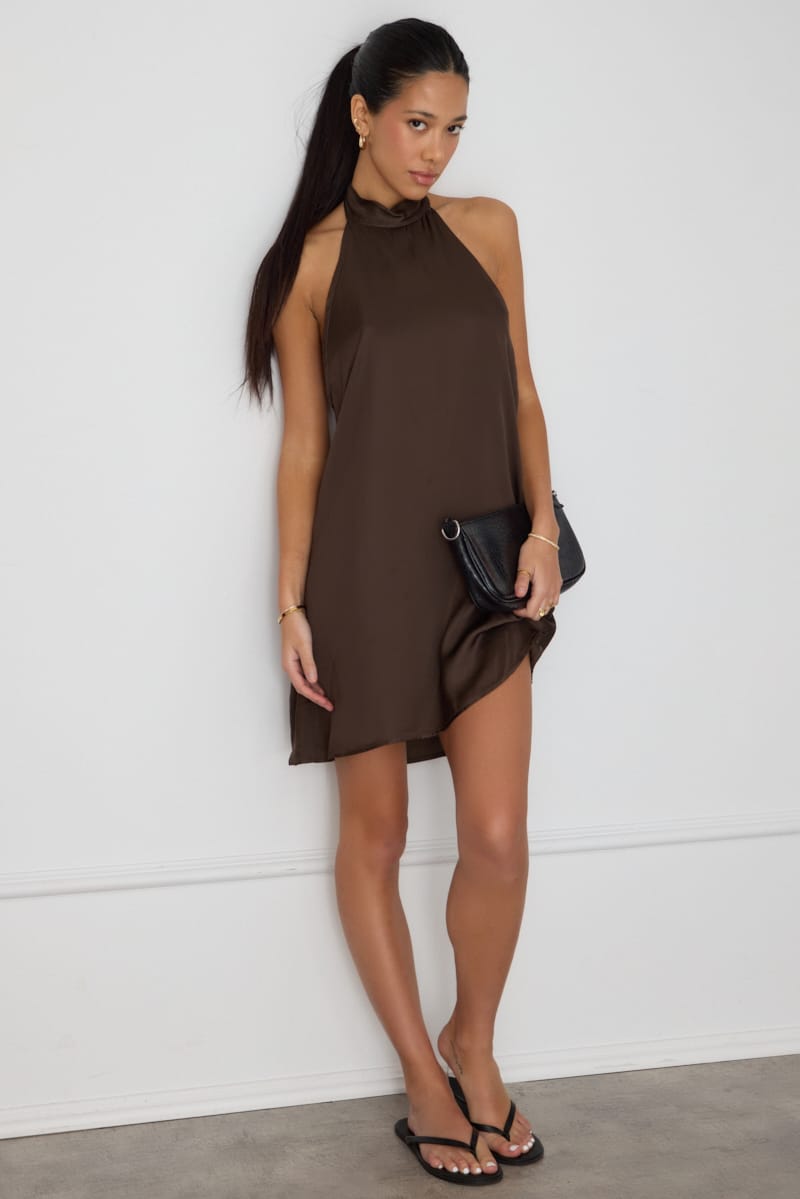 Brown Satin Halter Neck Dress for Ally Fashion