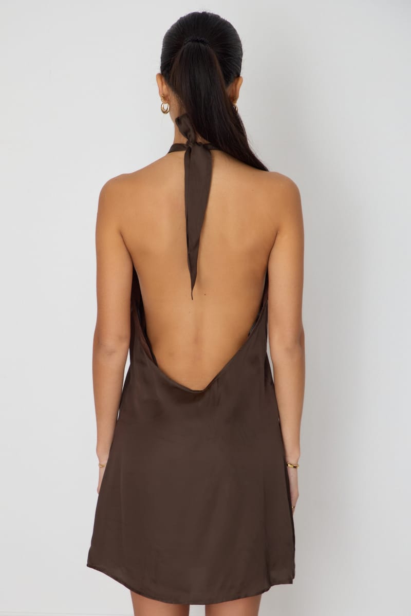 Brown Satin Halter Neck Dress for Ally Fashion