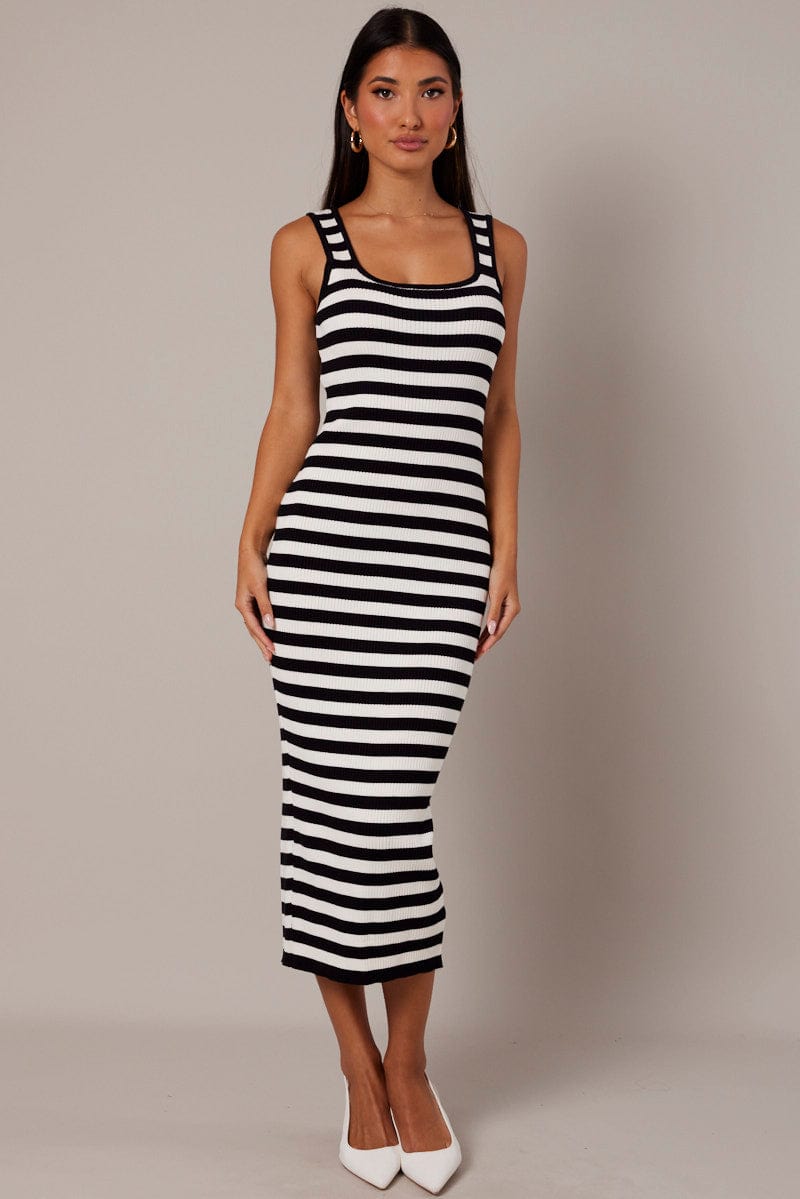 Beige Stripe Knit Midi Dress Sleeveless Scoop Neck Bodycon Rib for Ally Fashion