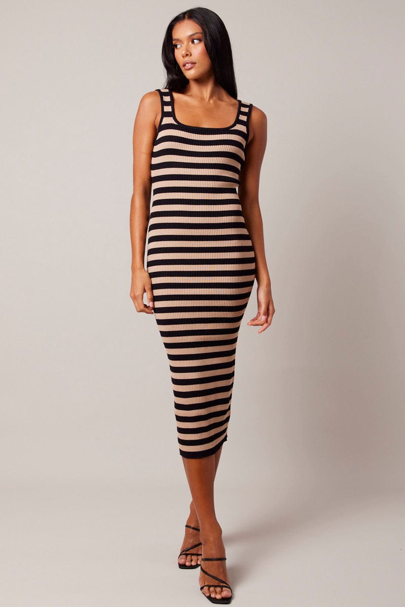 Beige Stripe Knit Midi Dress Sleeveless Scoop Neck Bodycon Rib for Ally Fashion