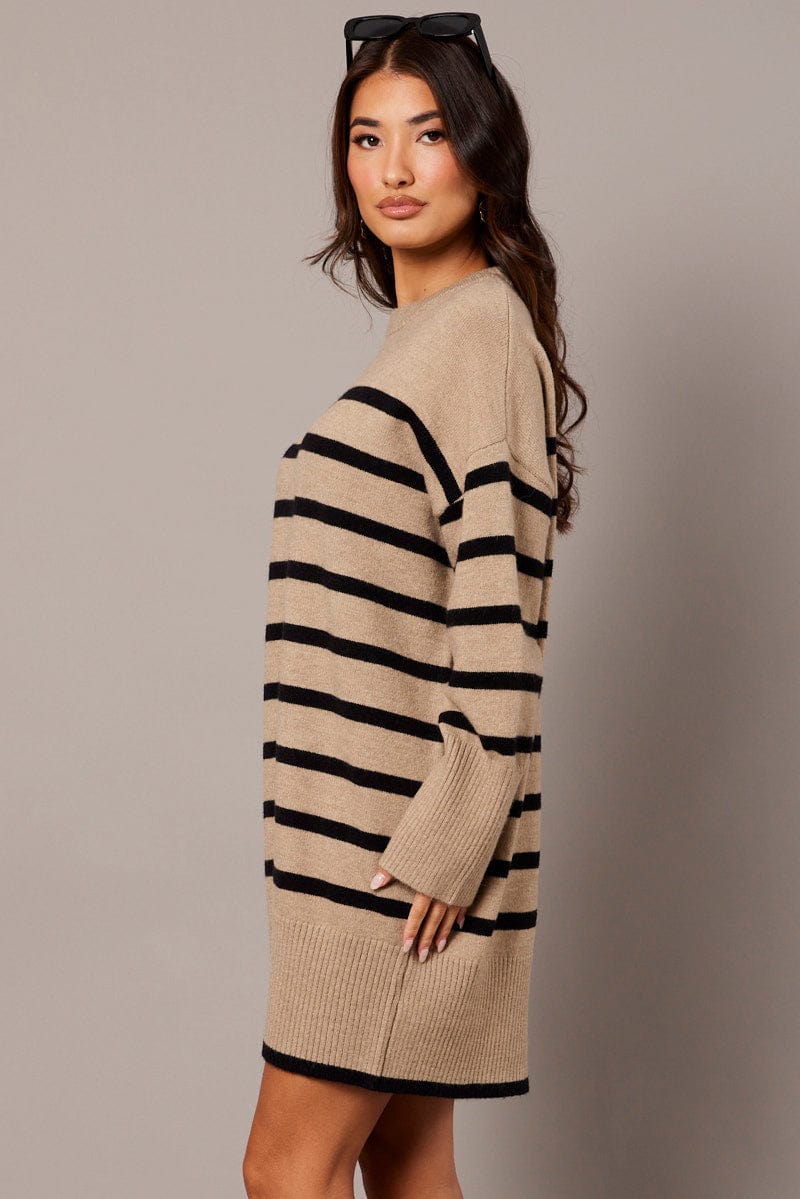 Beige Stripe Knit Dress Long Sleeve Crew Neck Oversized for Ally Fashion
