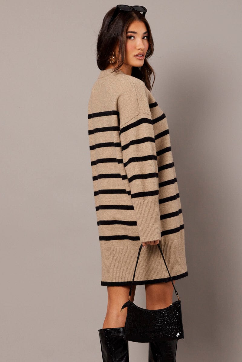 Beige Stripe Knit Dress Long Sleeve Crew Neck Oversized for Ally Fashion