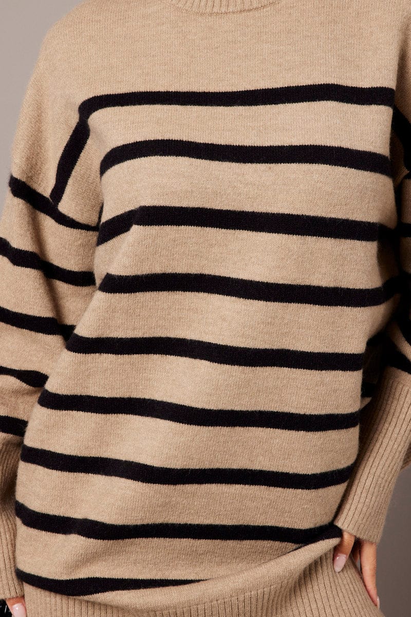 Beige Stripe Knit Dress Long Sleeve Crew Neck Oversized for Ally Fashion