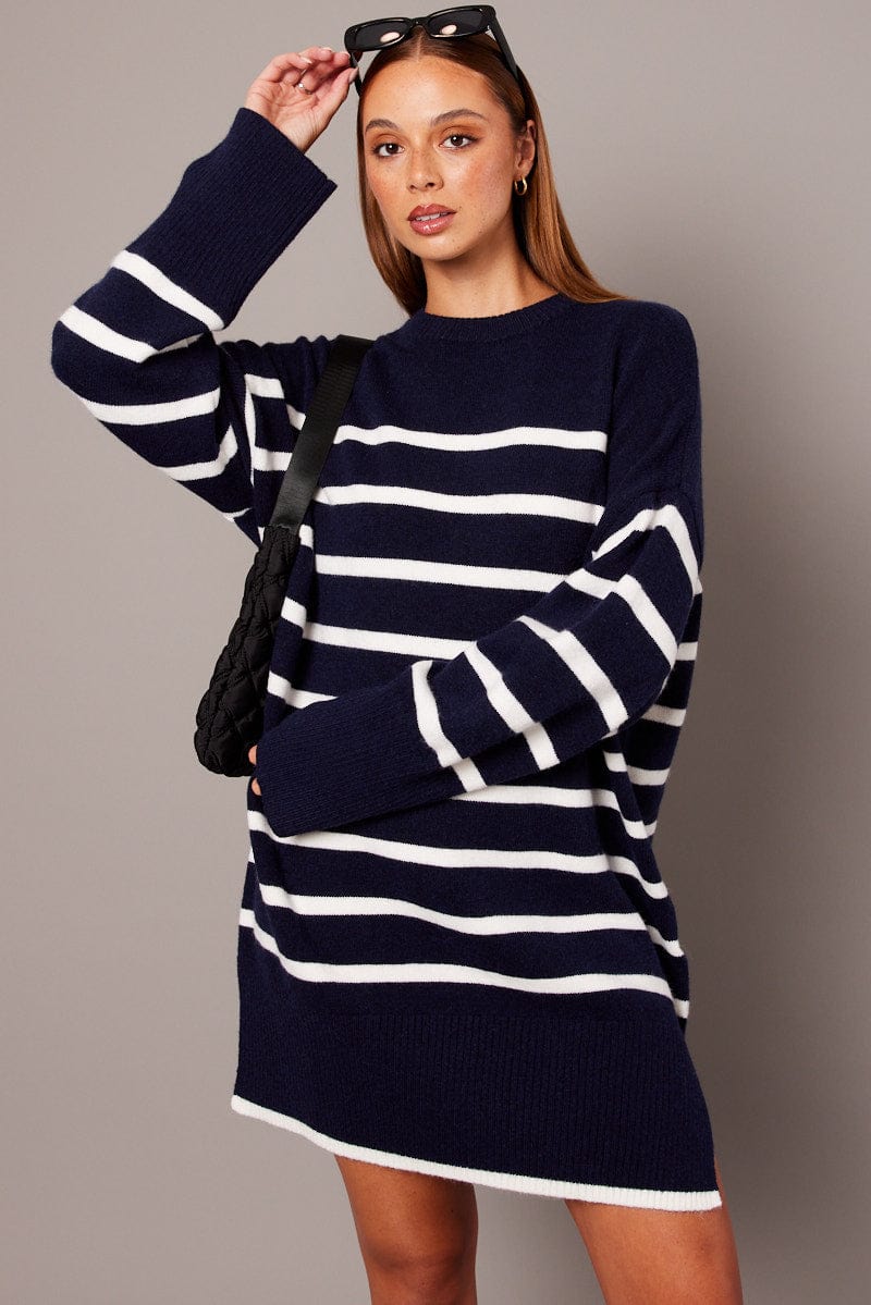 Blue Stripe Knit Dress Long Sleeve for Ally Fashion