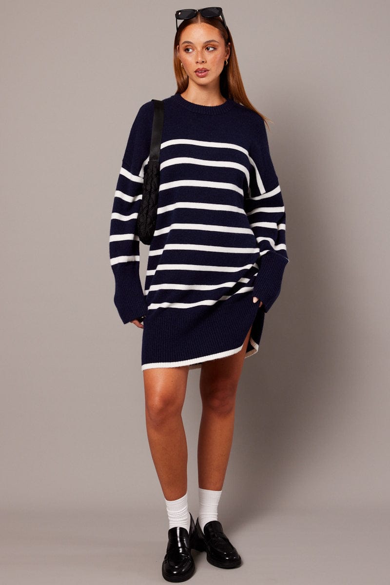 Blue Stripe Knit Dress Long Sleeve for Ally Fashion