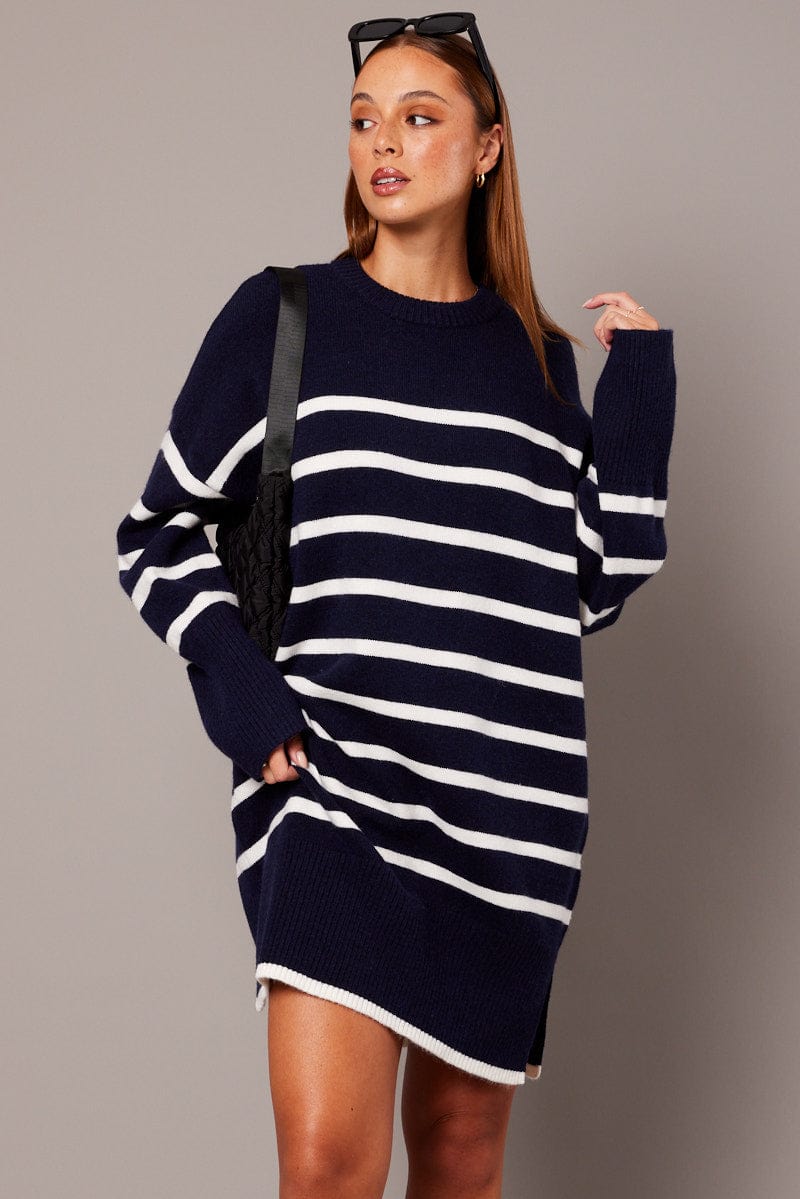 Blue Stripe Knit Dress Long Sleeve for Ally Fashion