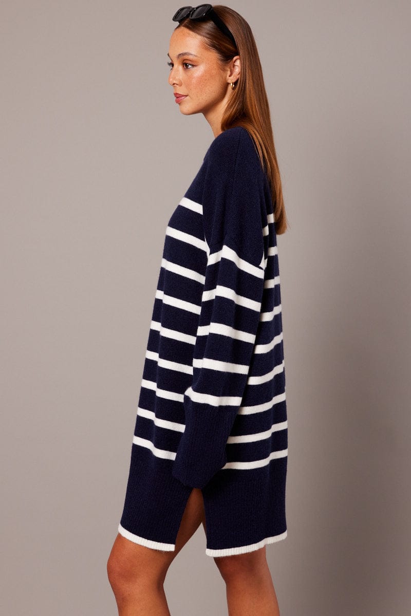 Blue Stripe Knit Dress Long Sleeve for Ally Fashion