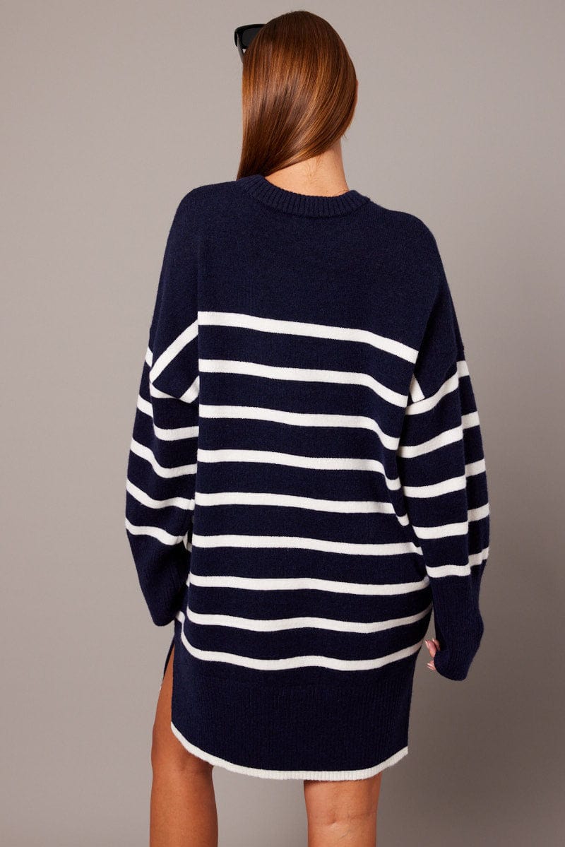 Blue Stripe Knit Dress Long Sleeve for Ally Fashion