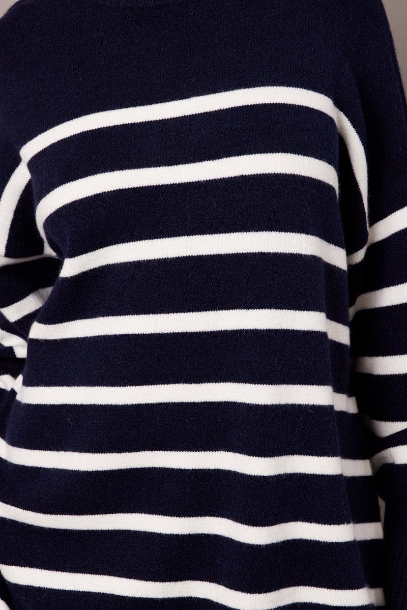 Blue Stripe Knit Dress Long Sleeve for Ally Fashion