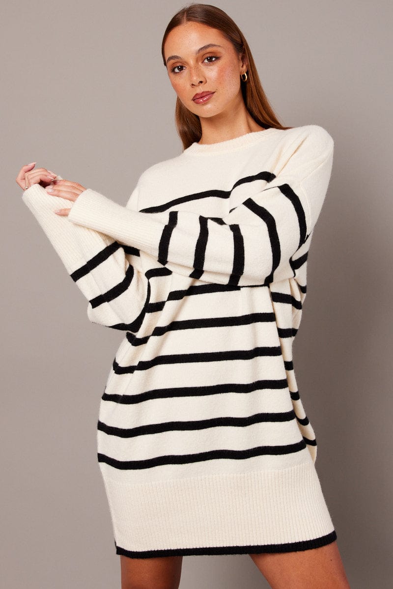 White Stripe Knit Dress Long Sleeve Crew Neck Oversized for Ally Fashion