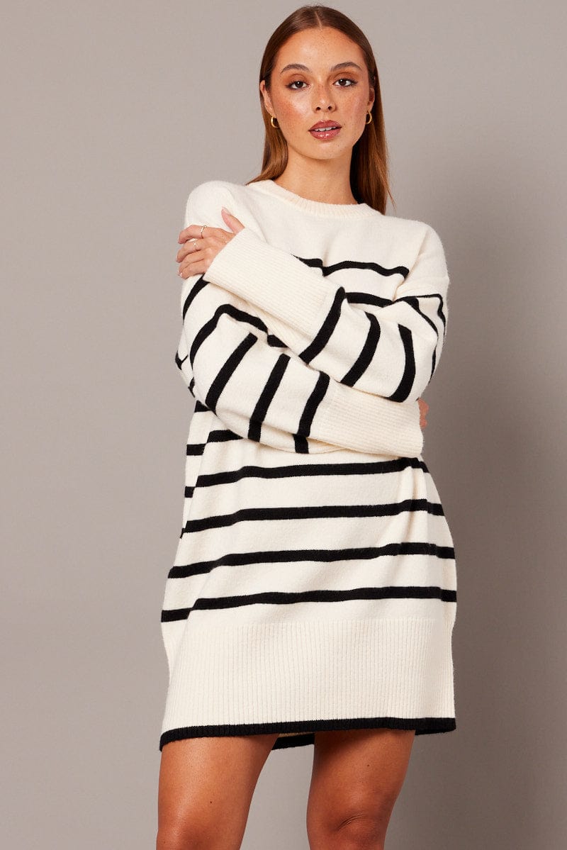 White Stripe Knit Dress Long Sleeve Crew Neck Oversized for Ally Fashion