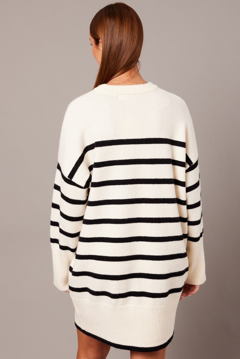 White Stripe Knit Dress Long Sleeve Crew Neck Oversized for Ally Fashion