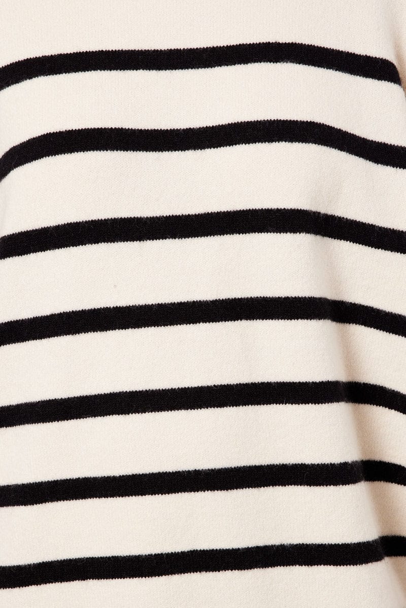 White Stripe Knit Dress Long Sleeve Crew Neck Oversized for Ally Fashion