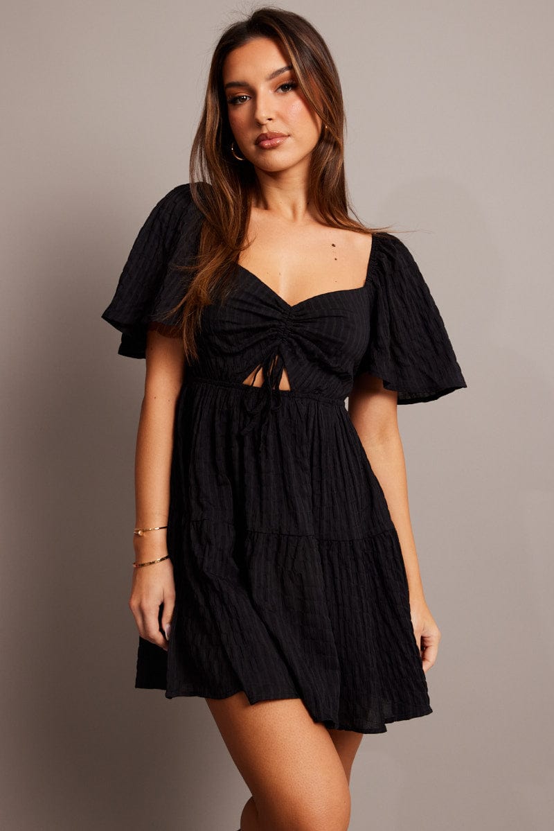 Black Fit And Flare Dress Short Sleeve Mini | Ally Fashion