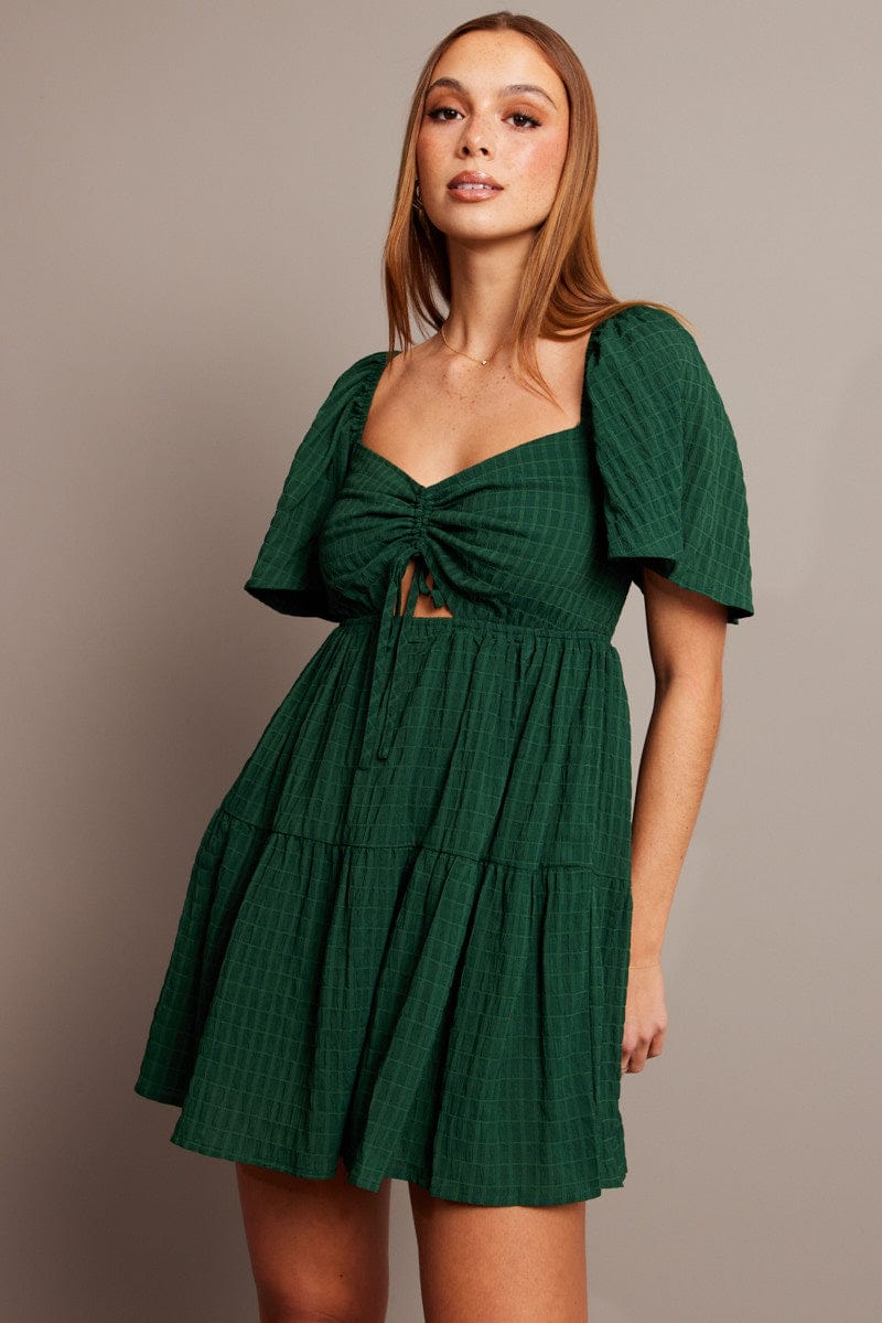 Green Fit And Flare Dress Short Sleeve Mini for Ally Fashion