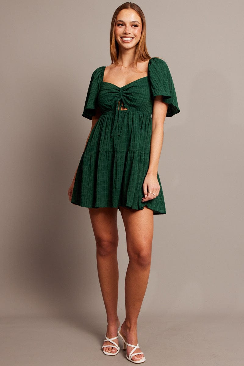 Green Fit And Flare Dress Short Sleeve Mini for Ally Fashion