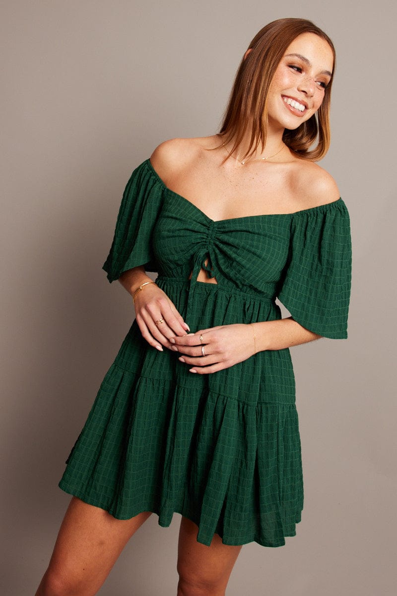 Green Fit And Flare Dress Short Sleeve Mini for Ally Fashion