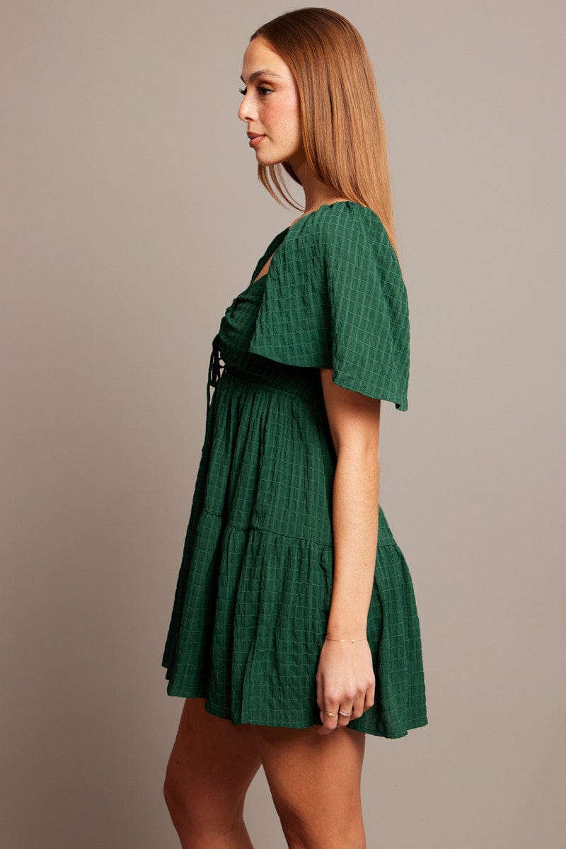 Green Fit And Flare Dress Short Sleeve Mini for Ally Fashion