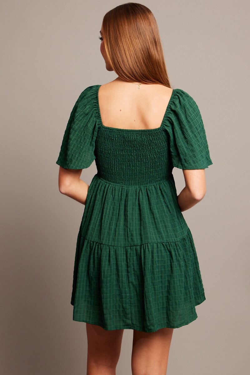 Green Fit And Flare Dress Short Sleeve Mini for Ally Fashion