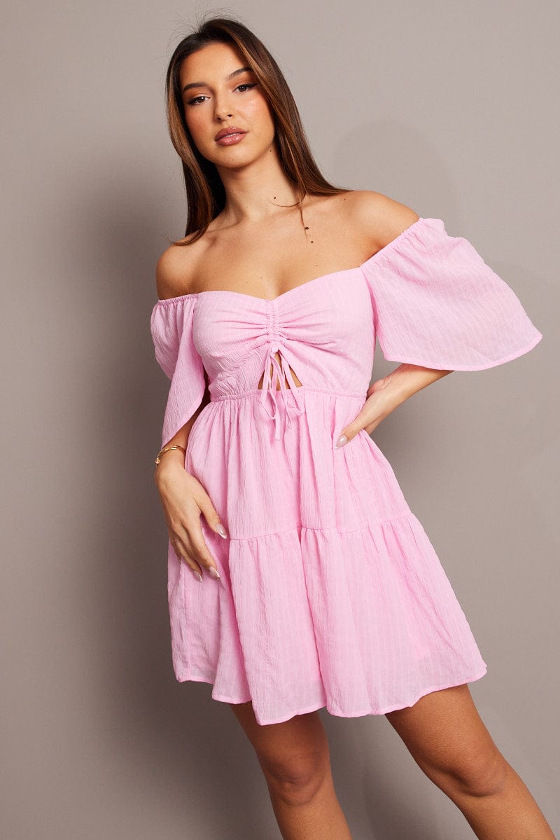 Pink Fit And Flare Dress Short Sleeve Mini for Ally Fashion