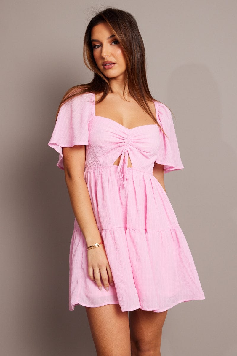 Pink Fit And Flare Dress Short Sleeve Mini for Ally Fashion