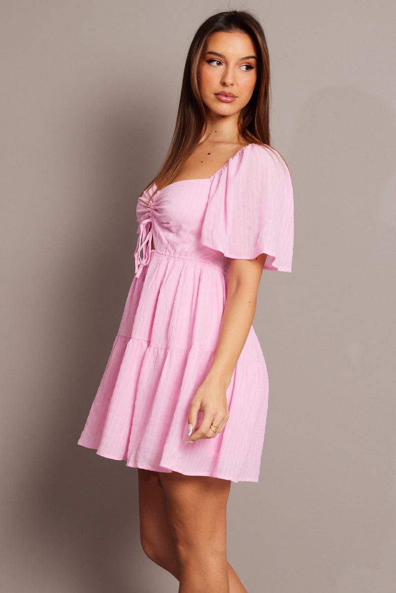 Pink Fit And Flare Dress Short Sleeve Mini for Ally Fashion