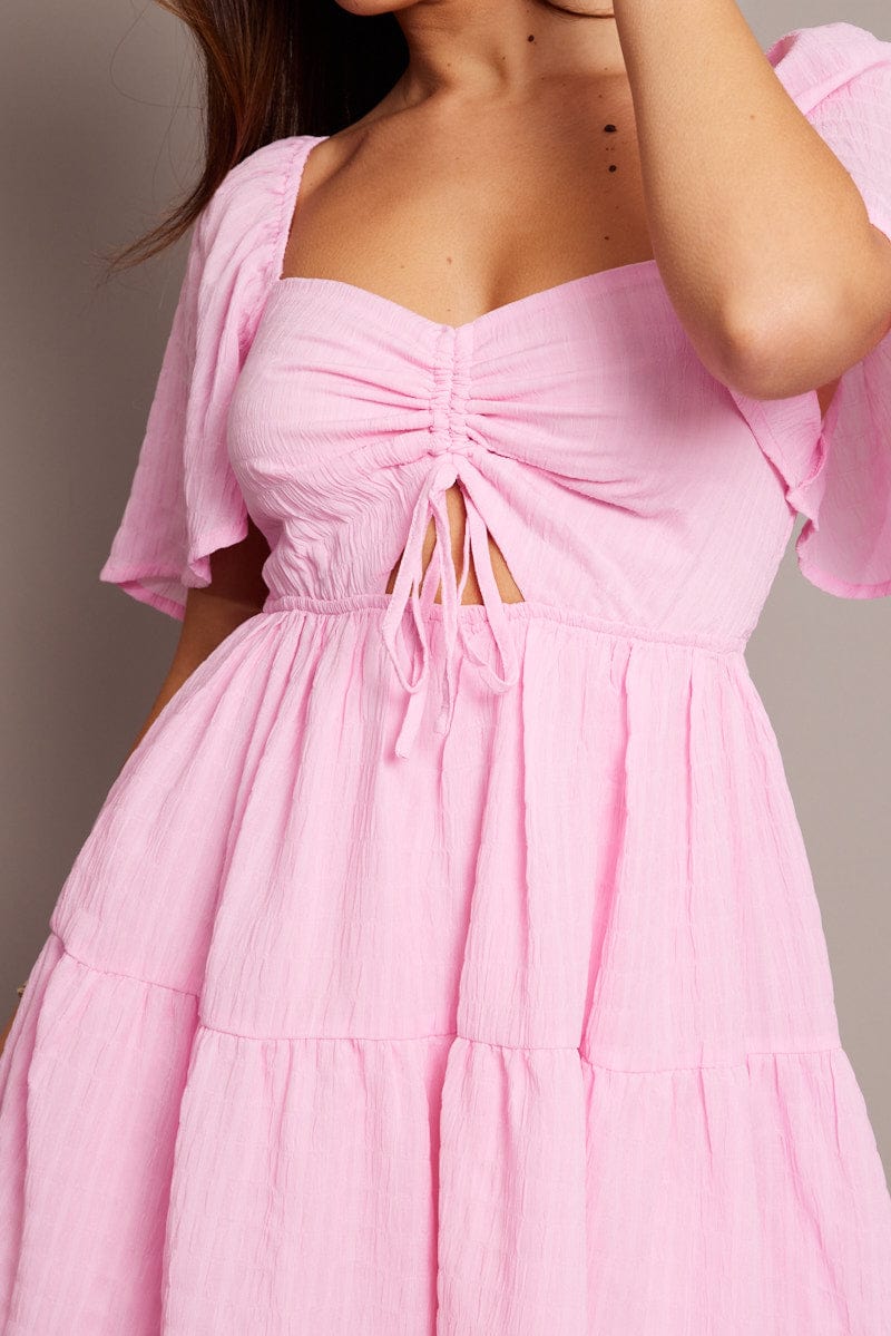 Pink Fit And Flare Dress Short Sleeve Mini for Ally Fashion