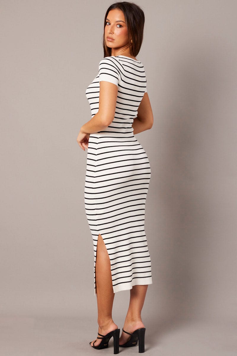 White Stripe Knit Dress Short Sleeve Bodycon Midi for Ally Fashion