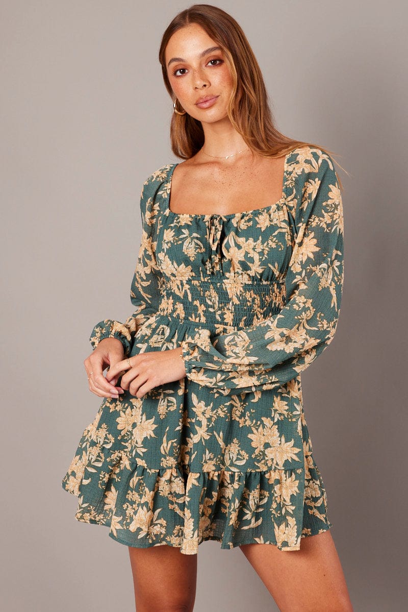 Green Floral Fit and Flare Dress Long Sleeve Ruched Bust for Ally Fashion