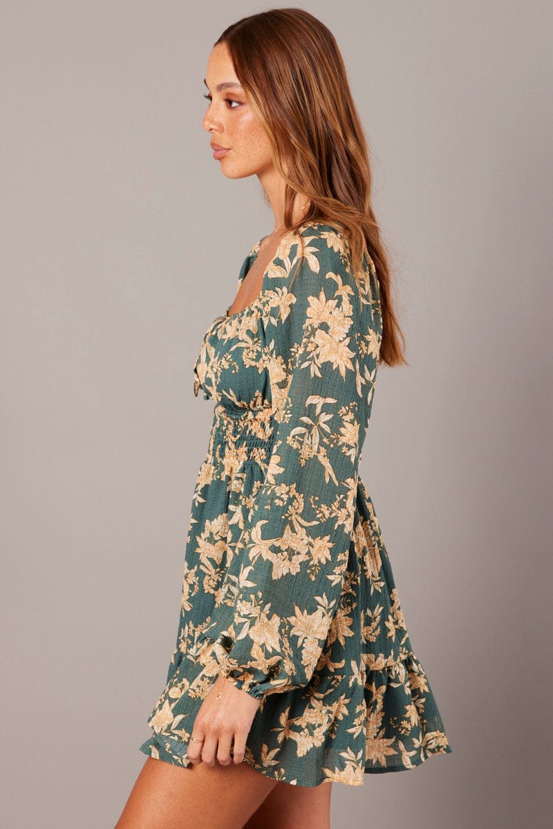 Green Floral Fit and Flare Dress Long Sleeve Ruched Bust for Ally Fashion