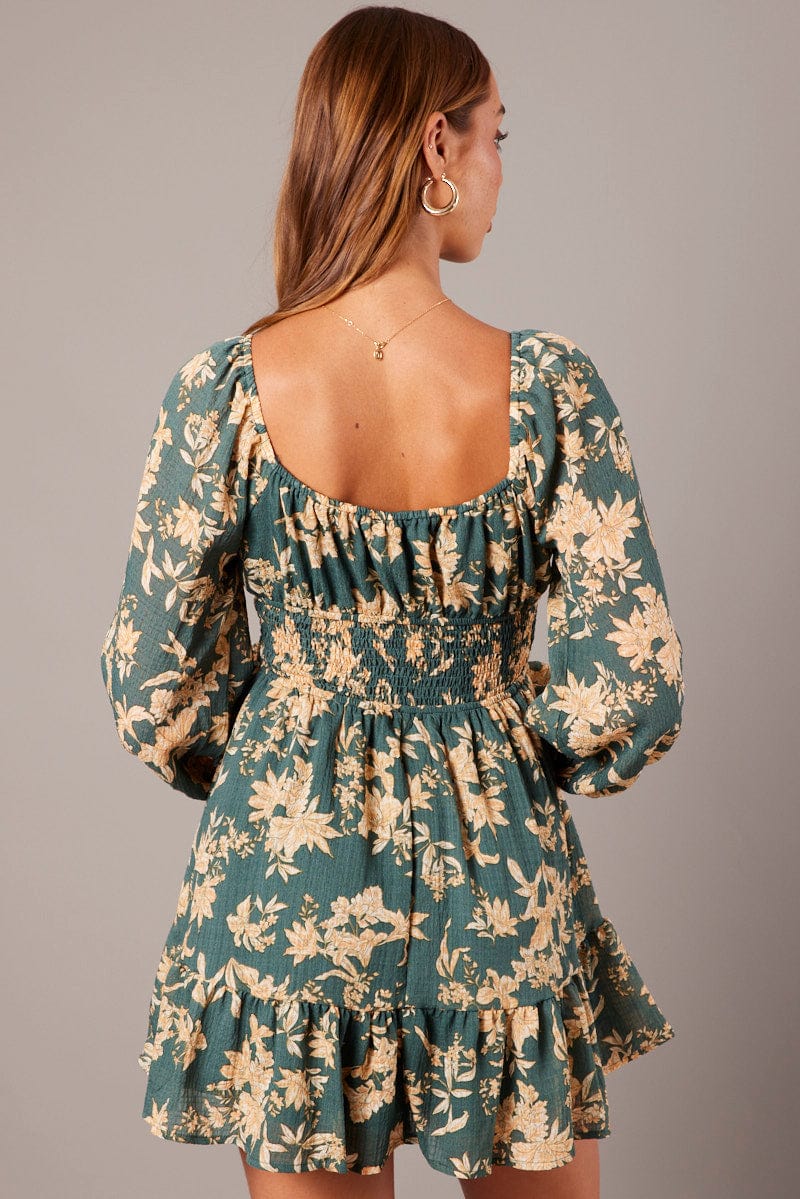 Green Floral Fit and Flare Dress Long Sleeve Ruched Bust for Ally Fashion