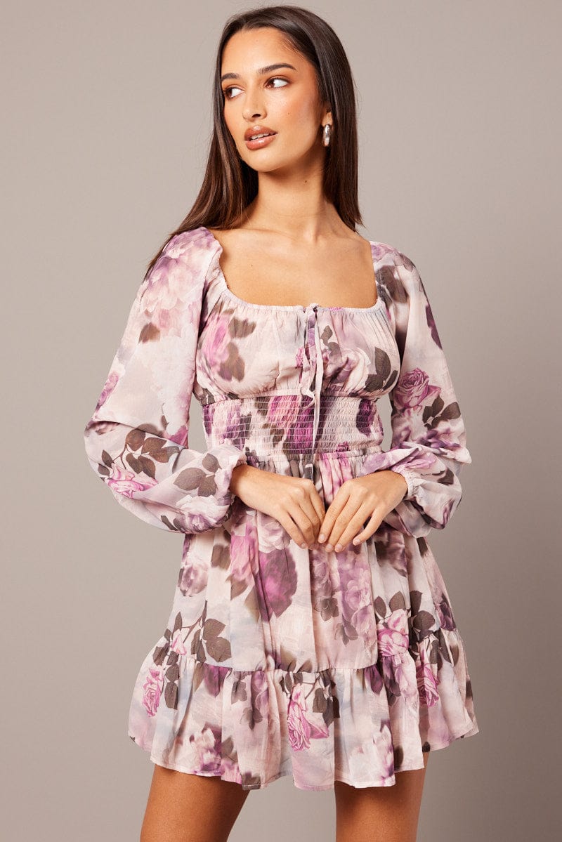 Pink Floral Fit and Flare Dress Long Sleeve Ruched Bust for Ally Fashion