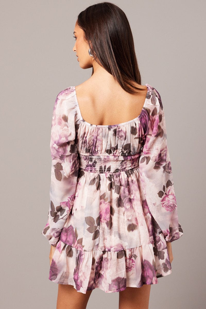 Pink Floral Fit and Flare Dress Long Sleeve Ruched Bust for Ally Fashion